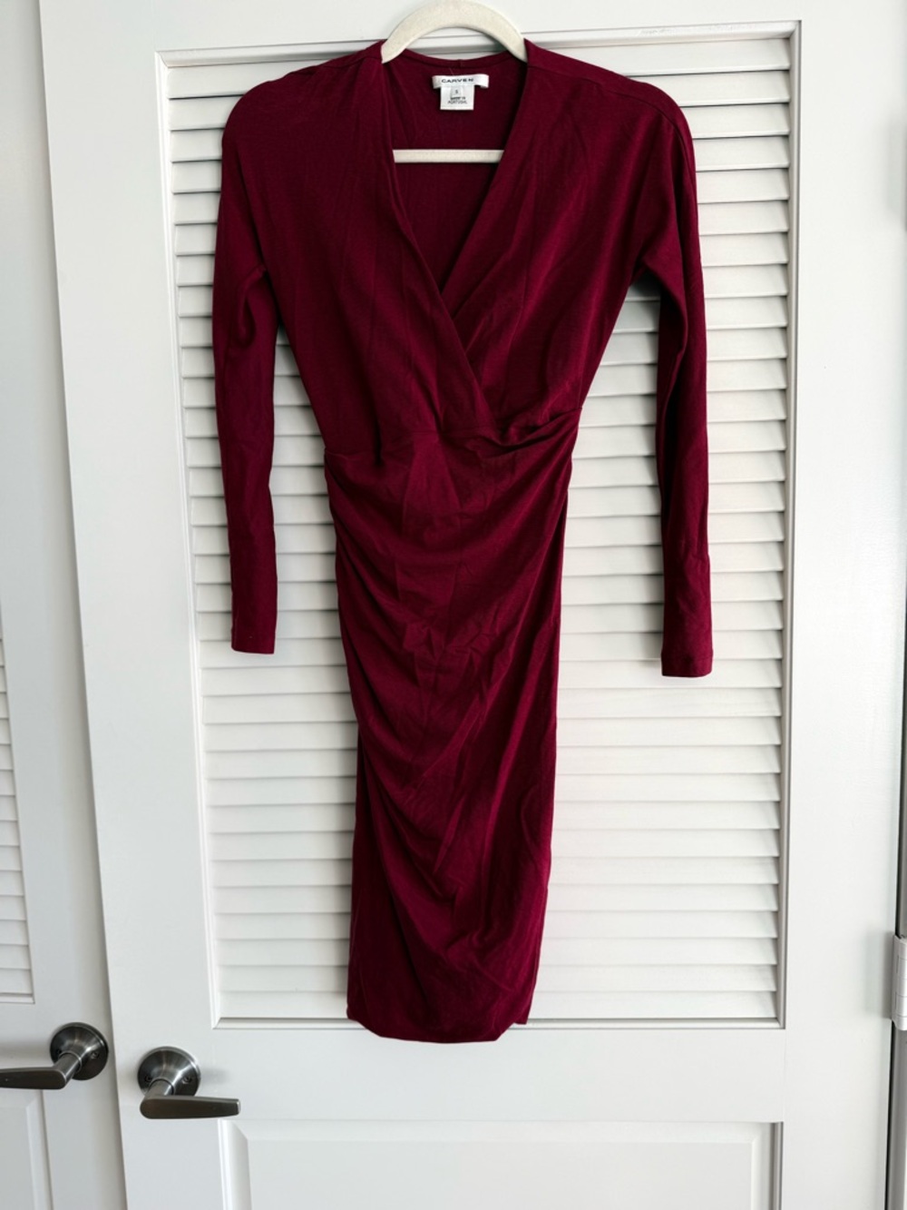 Carven Long Sleeve Ruched Midi Dress in Burgundy